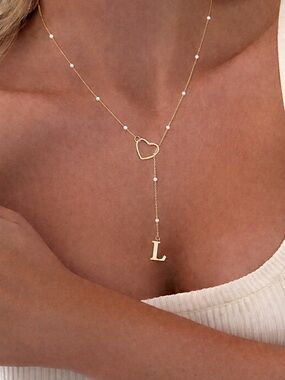 Initial L Heart Y Necklace | Pearl Beaded Lariat Minimalist Jewelry